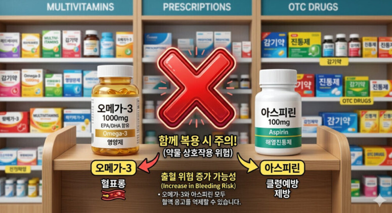 오메가3와 항응고제 복용 주의 및 약물 충돌 경고 이미지