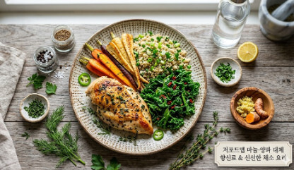 저포드맵 식단 실천을 위해 마늘과 양파 대신 향신료와 신선한 채소를 활용한 요리 구성 이미지