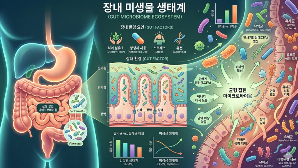 장내 미생물 생태계를 시각화한 과학적 인포그래픽 이미지