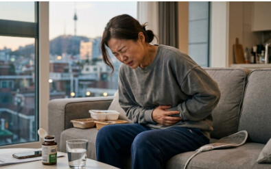 과민성대장증후군으로 배 아파하는 이미지