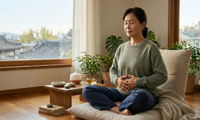 스트레스성 대장염 완화를 위해 편안한 자세로 앉아 복식 호흡을 하며 명상을 하는 모습