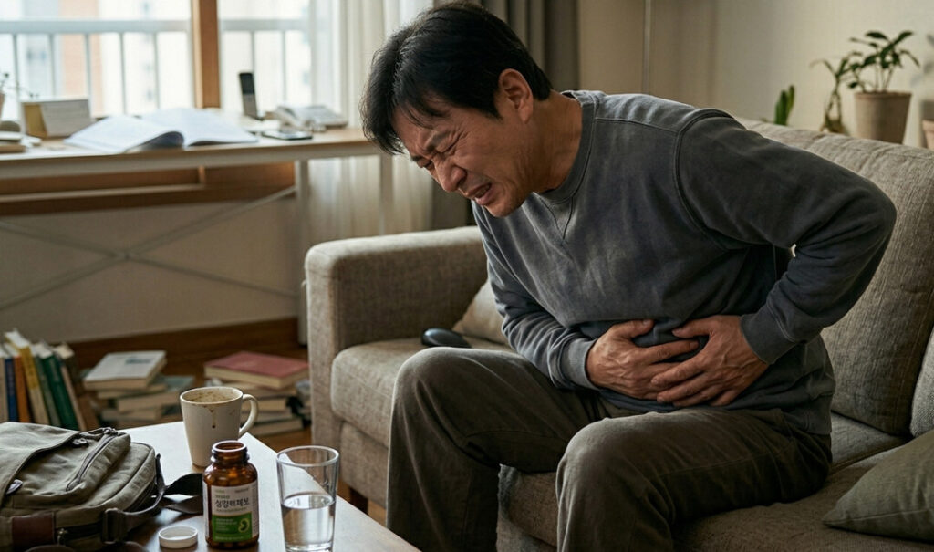 스트레스 상황에서 복통으로 고통스러워하고 있는 사람