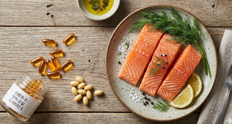 오메가3와 비타민E 영양제 꿀조합을 보여주는 신선한 연어와 캡슐 사진